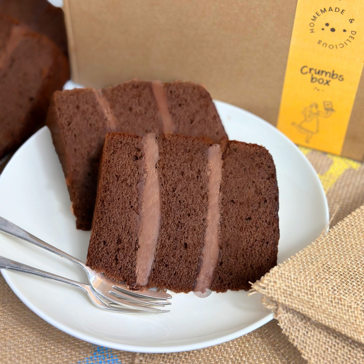 chocolate cake sliced on a plate