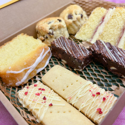 afternoon tea gift box with brownies, lemon drizzle and victoria sponge delivery