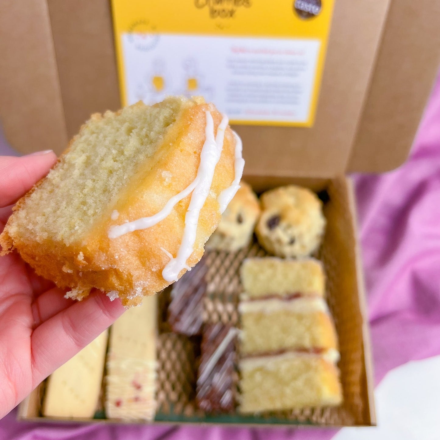lemon drizzle slice presented with afternoon tea gift box